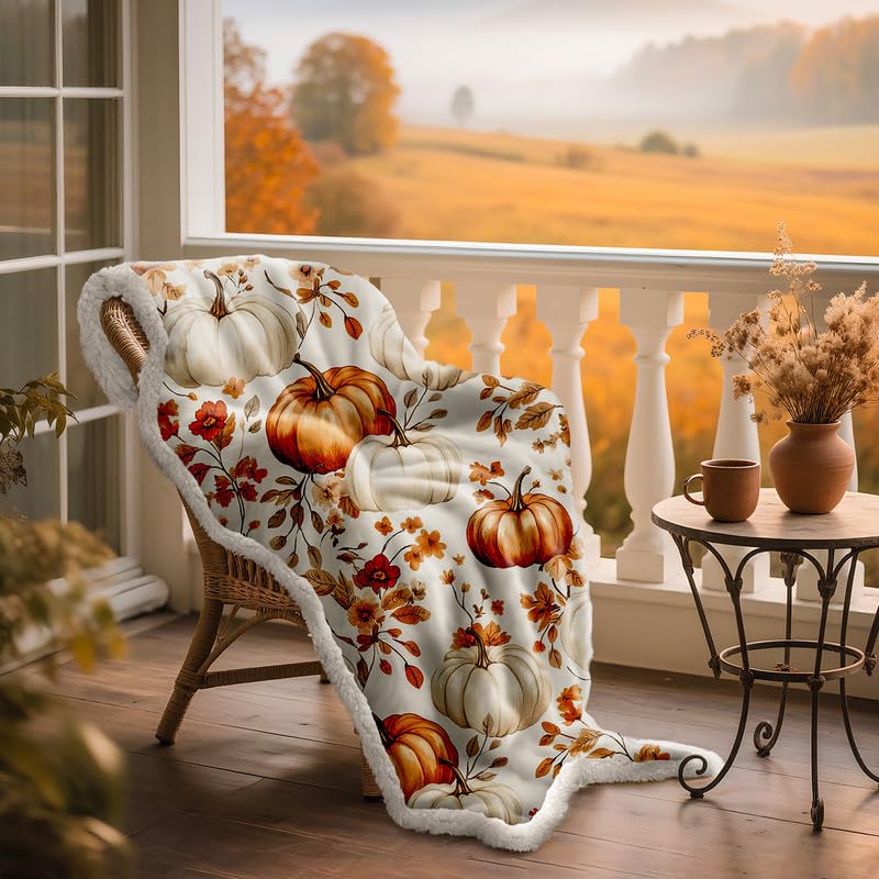 Lanpn Fall Pumpkin Flannel Throw Blanket, Soft Warm Flannel Sherpa Fleece Throws Orange Pumpkins Leaves Blanket for Couch Bed, Cozy Autumn Throw Blankets Farmhouse Thanksgiving Home Decor, 50"x60"