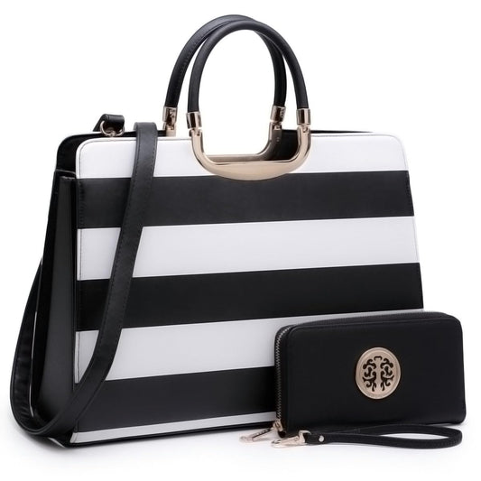 Womens Handbag Top Handle Shoulder Bag Tote Satchel Purse Work Bag with Matching Wallet (4-Black/White) Large