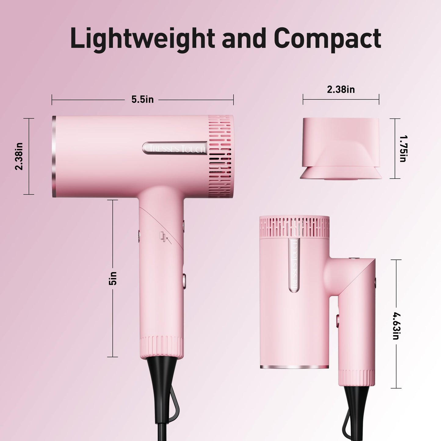 Foldable Hair Dryer, 1600W Professional Ionic Hair Blow Dryer with Nozzle for Women & Men, 3 Temps/3 Speeds, 6.56 Ft Cord, LCD Display, Best for Straight & Wavy Hair, for Home Travel, Pink