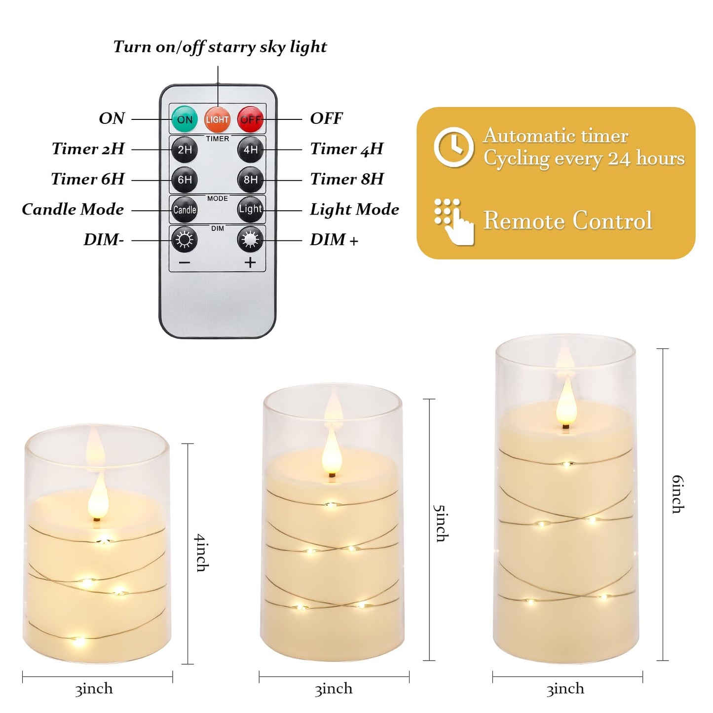 Aignis Flickering Flameless Candles Battery Operated Candles LED Candles with Remote Timer for Home/Wedding/Birthday/Holiday Decor, Warm White 3D Flame Set of 3 (D3 xH4 5" 6")