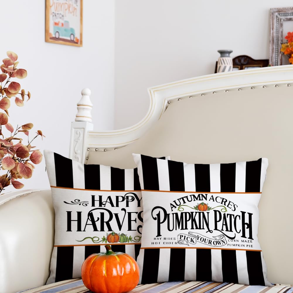 GEEORY Fall Happy Harvest Pumpkin Patch Throw Pillow Covers 18x18 Inch Set of 4, Black Polka Dots Seasonal Autumn Thanksgiving Holiday Decorative Farmhouse Cushion Cases for Home Decoration G664-18