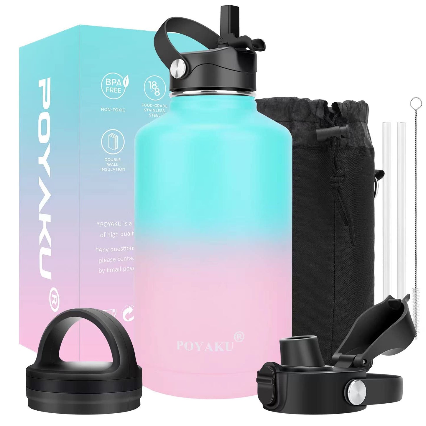 Water Bottle Insulated 32oz 40oz 64oz 128oz Straw Lid Spout Lid & 3 Lids, Leak Proof, Vacuum Insulated,Stainless Steel Water Bottle Wide Mouth for Sports, Gym or Office