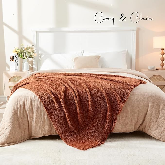 EASEON Throw Blanket for Couch-Soft Boho Throw Blanket,Cozy Knit Throw Blankets,Small Knitted Lightweight Blanket&Throw for Bed,Chair,Sofa,Home Decor (A02-Caramel, 60 * 80 inches, 1-Solid)