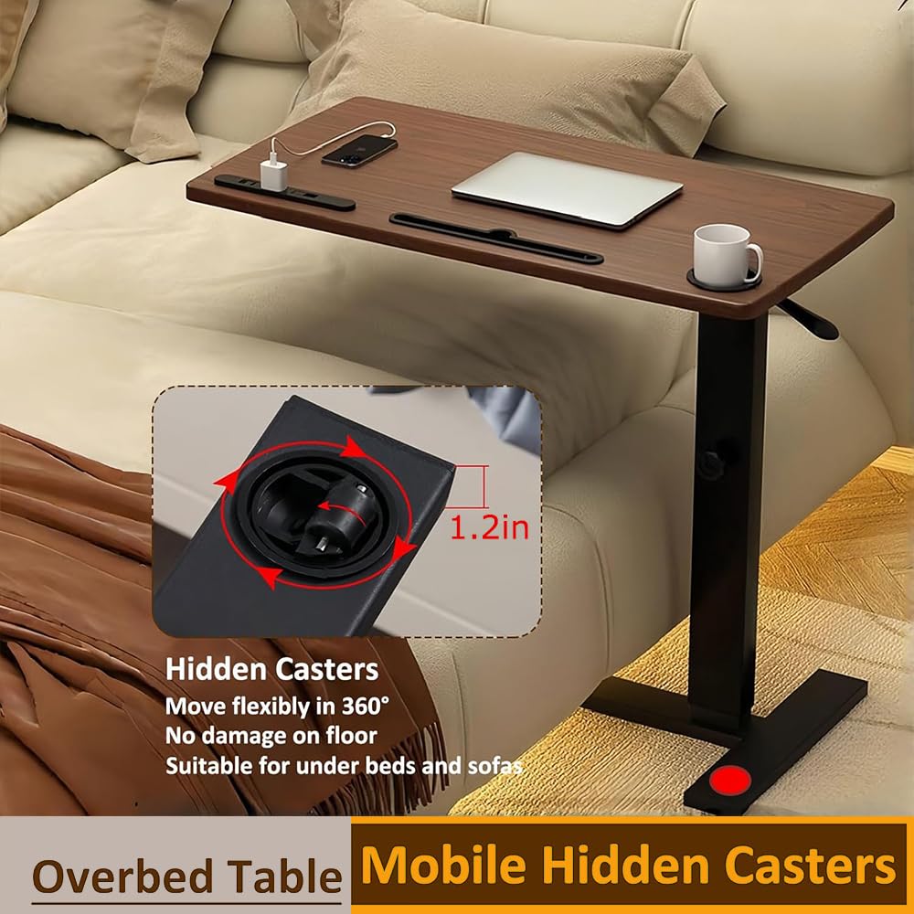 Over Bed Table Pneumatic Adjustable Height Stand Desk with Hidden Casters Foldable Mobile Laptop Computer Standing Desk with USB Ports Pad