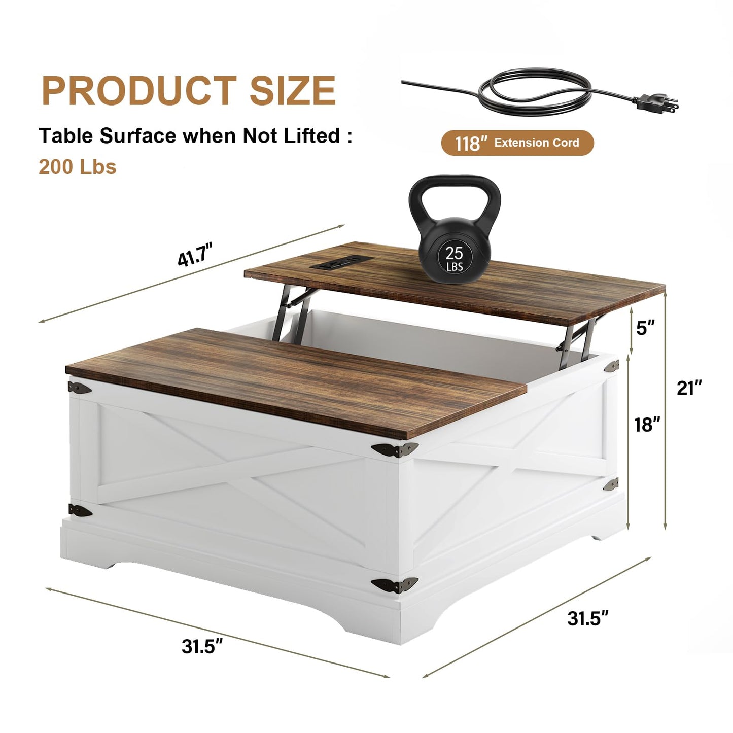 BROTTAR Lift Top Coffee Table with Storage, Square Coffee Table for Living Room with Charging Ports, Farmhouse Dining Table with Large Hidden Storage, White, 31.5"