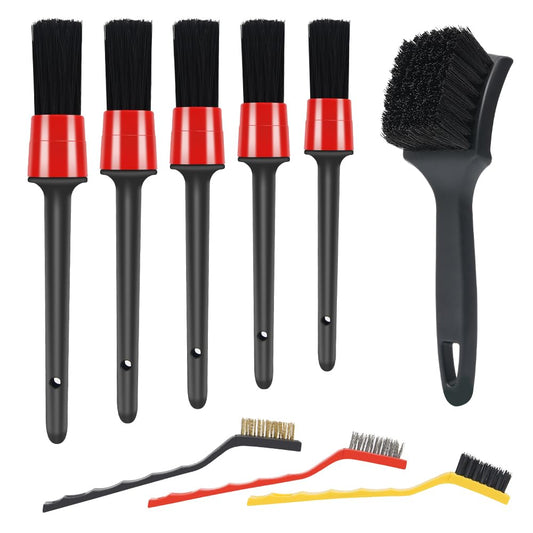 pulwury 9pcs Detailing Brush Set,Interior Cleaning Brush,Steel Wire & Tire Brush Automotive Cleaning Brush Kit,for Cleaning Engine, Body Exterior Surface, Carpet, Truck, SUV, RV, Motorcycle