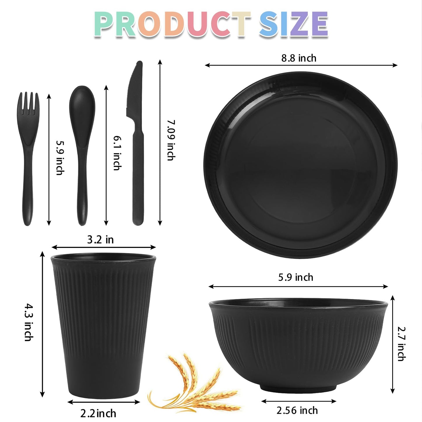 36 pcs Wheat Straw Dinnerware Sets, Unbreakable Reusable Dinnerware Set Kitchen Cups Plates and Bowls Sets, Dishwasher Microwave Safe Plates,Outdoor Camping Dishes (Black)