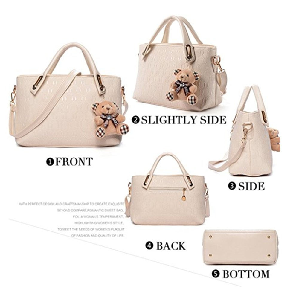 FiveloveTwo Women 4 Pcs Top Handle Satchel Hobo Handbag Set Large Tote +Purse +Shoulder Bag+Card Holder Beige
