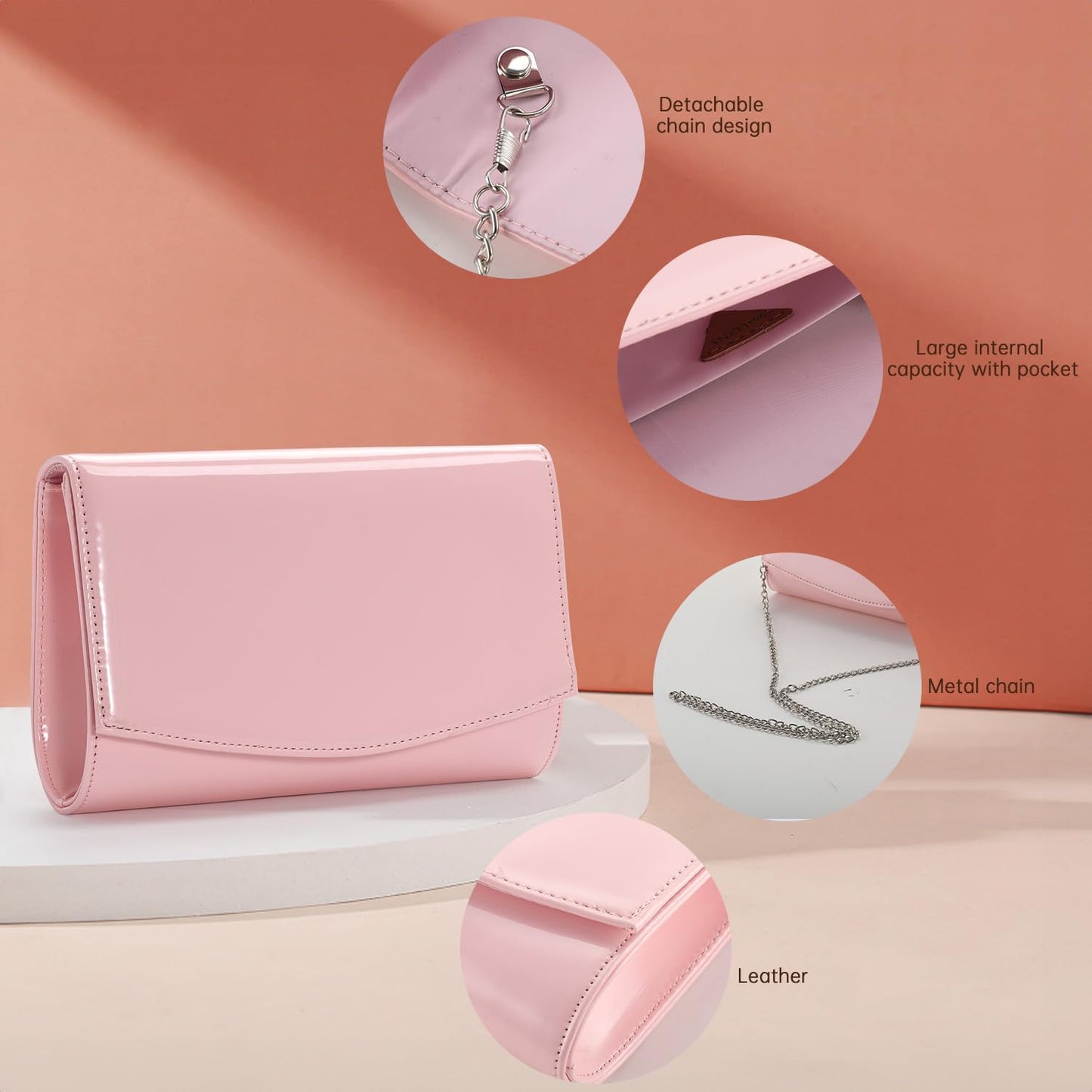 WALLYN'S Women Patent Leather Wallets Fashion Clutch Purses, Evening Bag Handbag Solid Color (Pink)