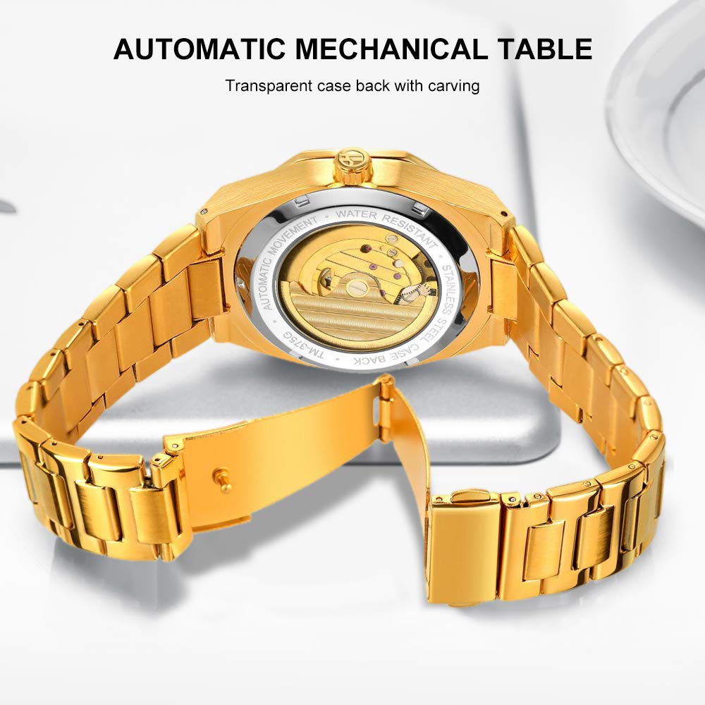 Tiong Cool Tourbillon Automatic Mechanical Watch Men Gold Luxury 2 Dial Watch Metal Stainless Steel Watchband Christmas Gift