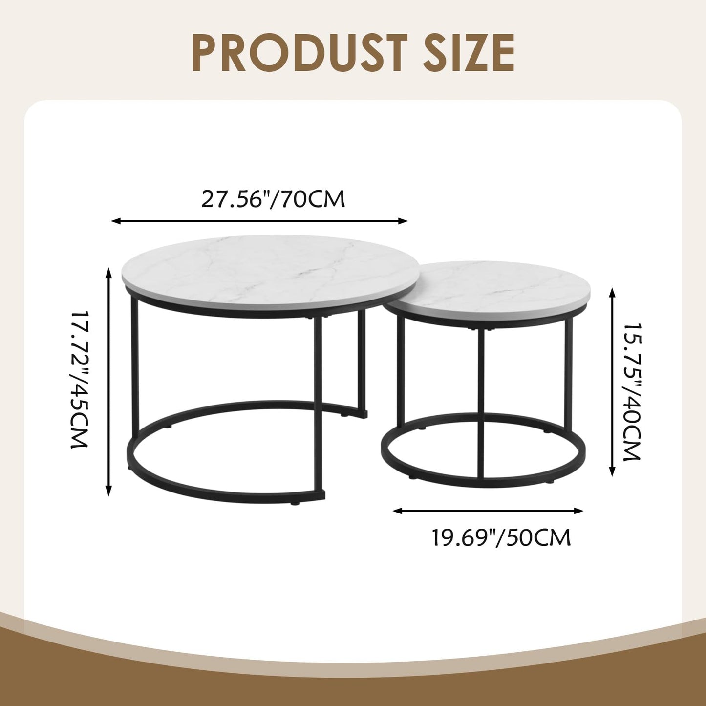 Nesting Coffee Table Set of 2 Marble Pattern with Sturdy Metal Frame Round Side Tables for Living Room and Bedroom (White)
