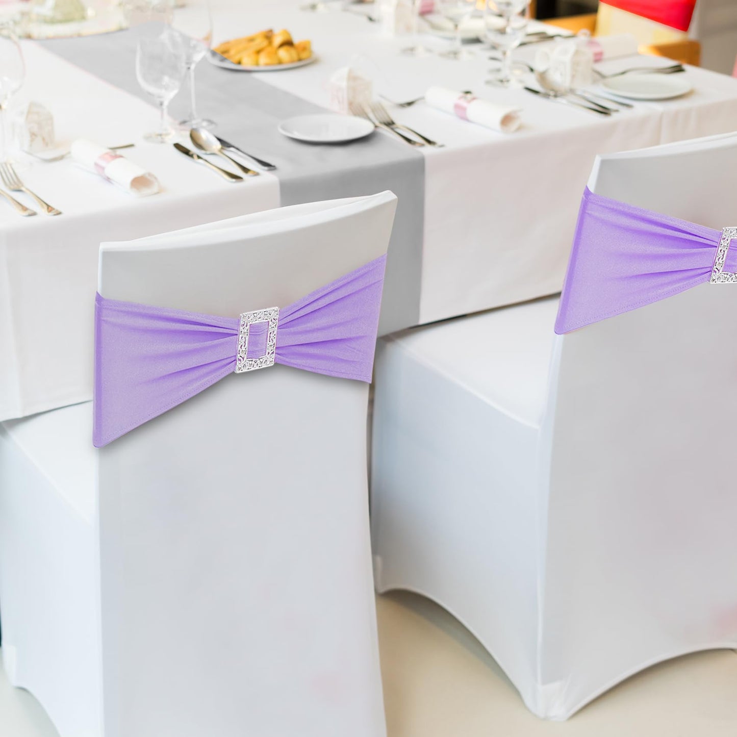 Joccun 60 PCS Spandex Chair Sashes Bows Stretch Chair Cover Band with Buckle Slider Universal Elastic Chair Ties for Wedding Banquet Party Event Decoration (Lavender)
