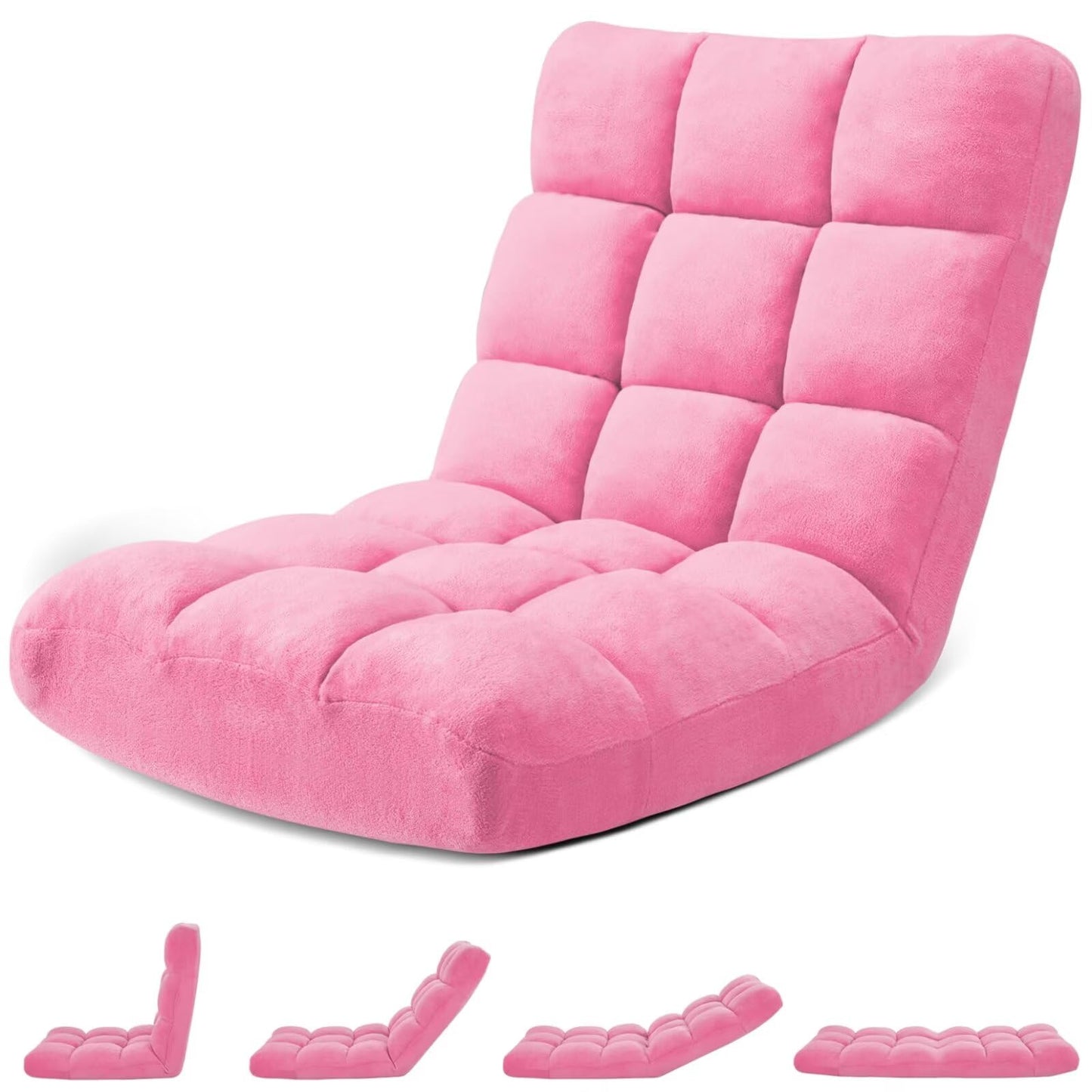 Avocahom Folding Floor Gaming Chair 14-Poistion Cushioned Adjustable Floor Lazy Sofa Chair w/Breathable Cotton & Skin-Friendly Coral Velve for Adults & Kids Perfect for Reading Gaming Meditating, Pink