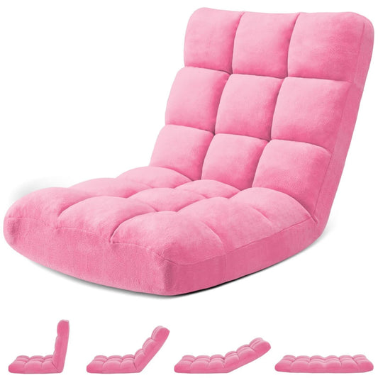 Avocahom Folding Floor Gaming Chair 14-Poistion Cushioned Adjustable Floor Lazy Sofa Chair w/Breathable Cotton & Skin-Friendly Coral Velve for Adults & Kids Perfect for Reading Gaming Meditating, Pink