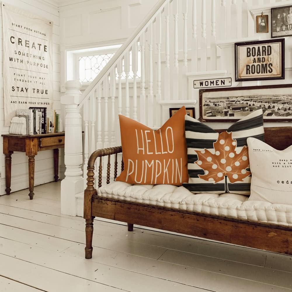 GEEORY Happy Fall Pillow Covers 18x18 Set of 4, Polka Dots Pumpkin Maple Leaves Stripes Decorative Throw Pillows Farmhouse Thanksgiving Decorations Orange Cushion Case for Couch Sofa