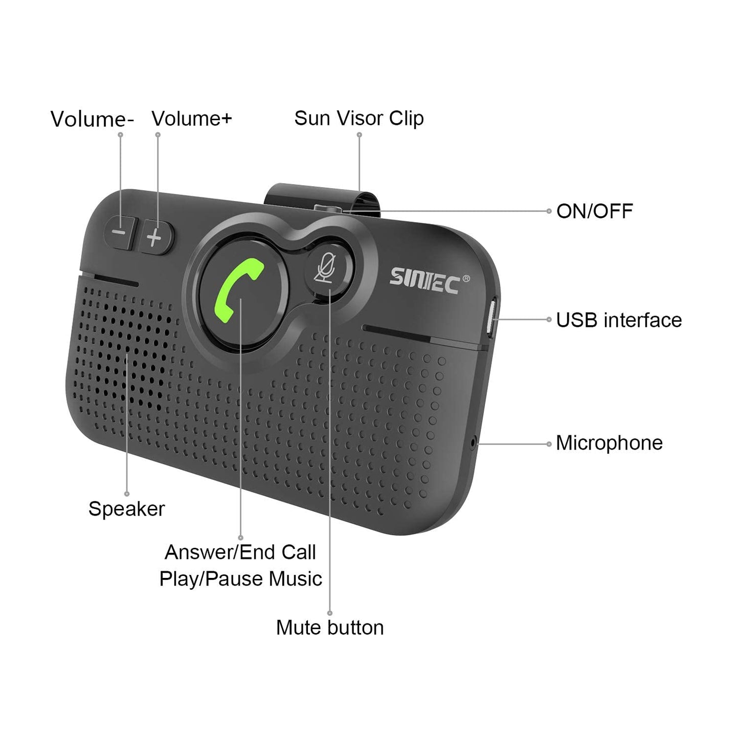 SUNITEC Bluetooth Car Speaker for Cell Phone, Handsfree Bluetooth Car Kit Motion AUTO ON Off Support Siri Voice Assistant Handsfree Speakerphone with Visor Clip - BC980P