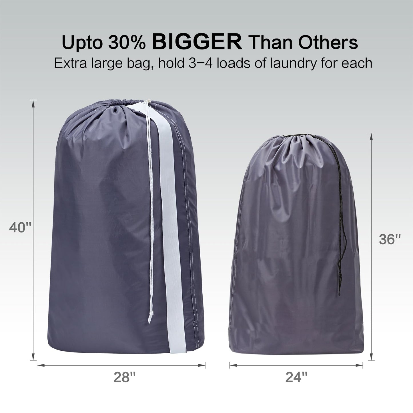 HOMEST 2 Pack XL Nylon Laundry Bag with Strap, Large Dirty Garments Organizer, Easy Fit a Hamper or Clothing Basket, Can Carry Up to 4 Loads of Clothes, Grey