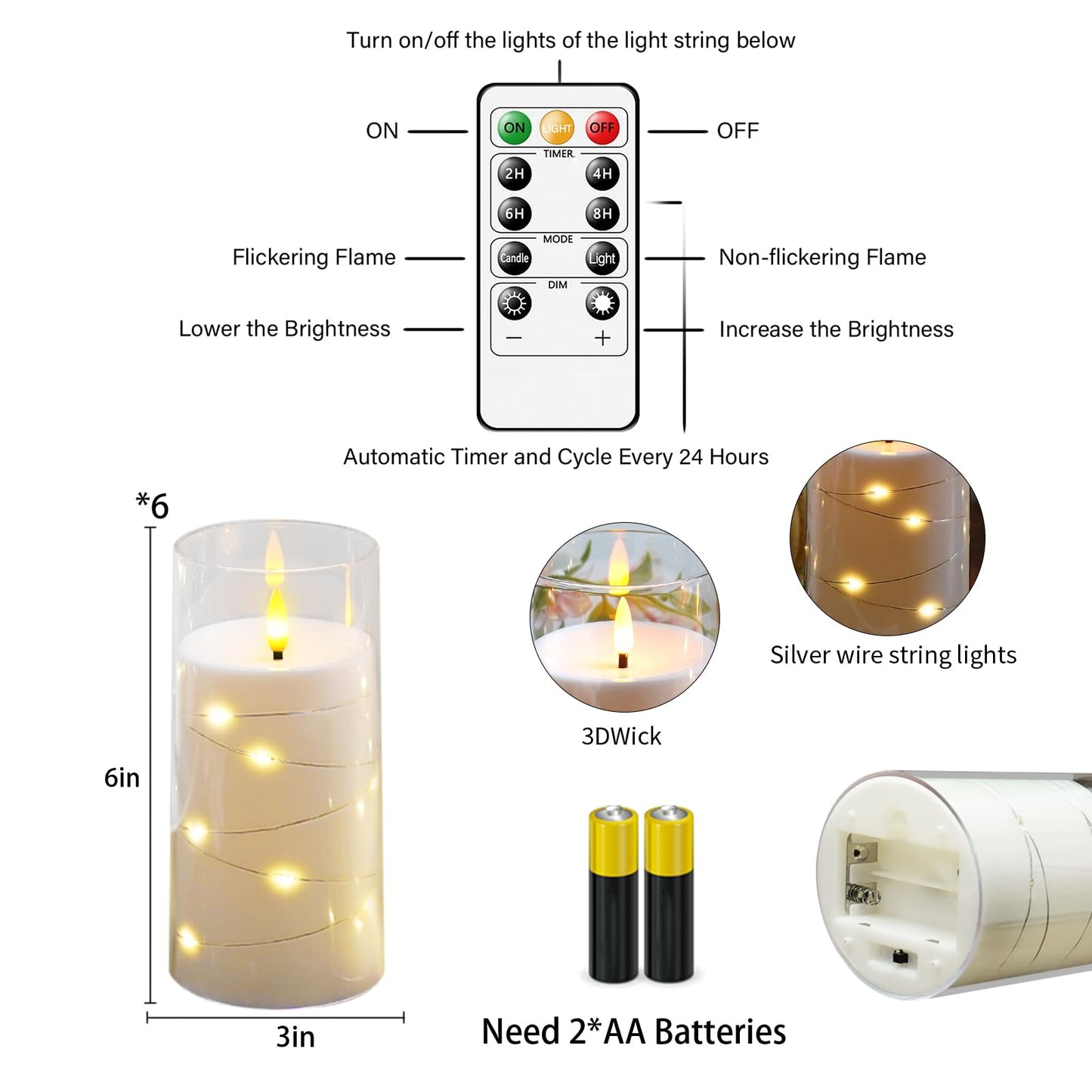 Flickering Flameless Candles with Remote Timer, 6pcs LED Battery Operated Candles with Embedded String Lights White, D3 H6
