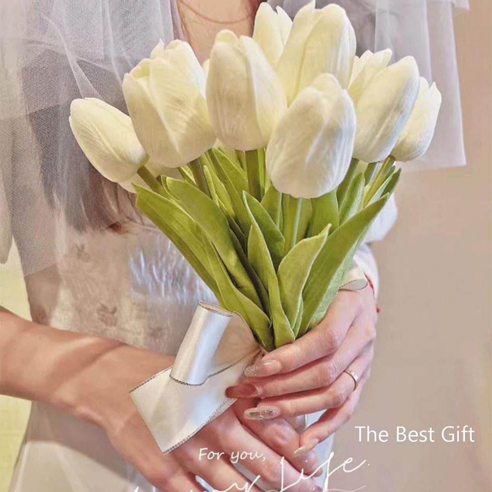 LWKuh-GFS 20 Pcs White Tulips Artificial Flowers 13.5" PU Real Touch with Faux Mix Tulip Bulbs Silk Bouquet for Mother's Day Wedding Easter Kitchen Decor
