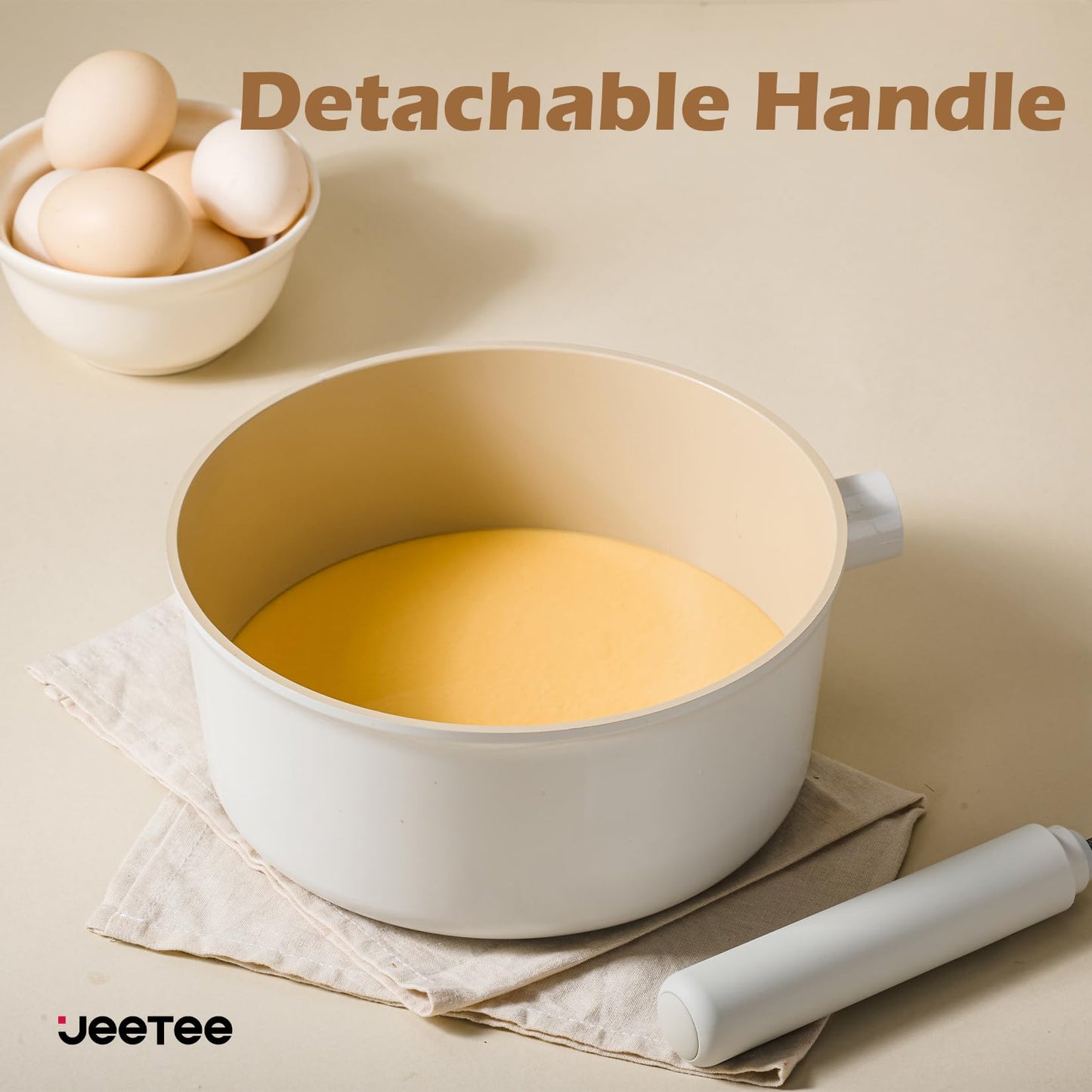 JEETEE Ceramic Cookware Sets 17pcs, Pots and Pans Set Non Stick, Healthy Induction Kitchen Cooking Set with Removable Handles, Stackable Pots Pans, Oven Safe, PFOA/PFOS Free, Beige