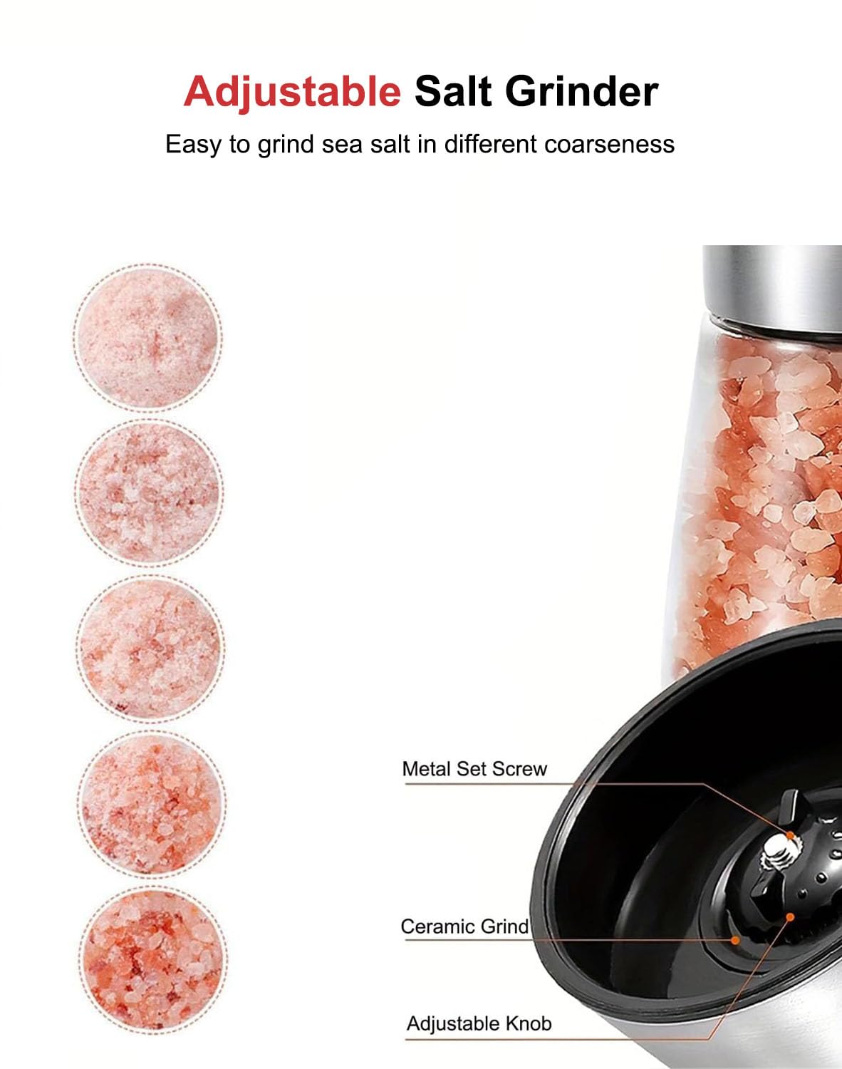 TooWoom Pepper Grinder Salt Grinder, 5 inch Stainless Steel Pepper Mill w/Adjustable Coarseness, Refillable Salt with Funnel, Cleaning Brush, Manual Pepper Grinder for Black Peppercorns