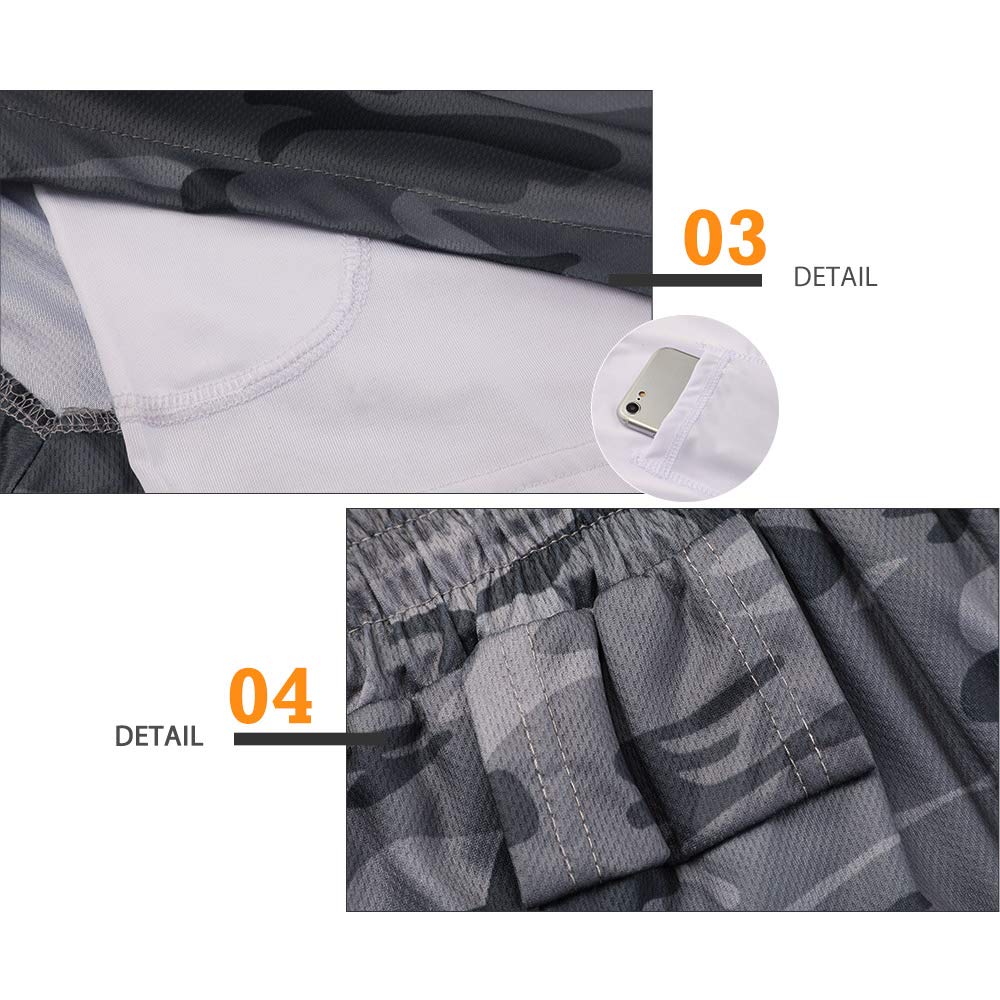 Surenow Men's Running Shorts Quick Dry Workout Gym Shorts Athletic 2-in-1 Stealth Shorts Outdoor Short for Men with Pockets Camouflage Grey