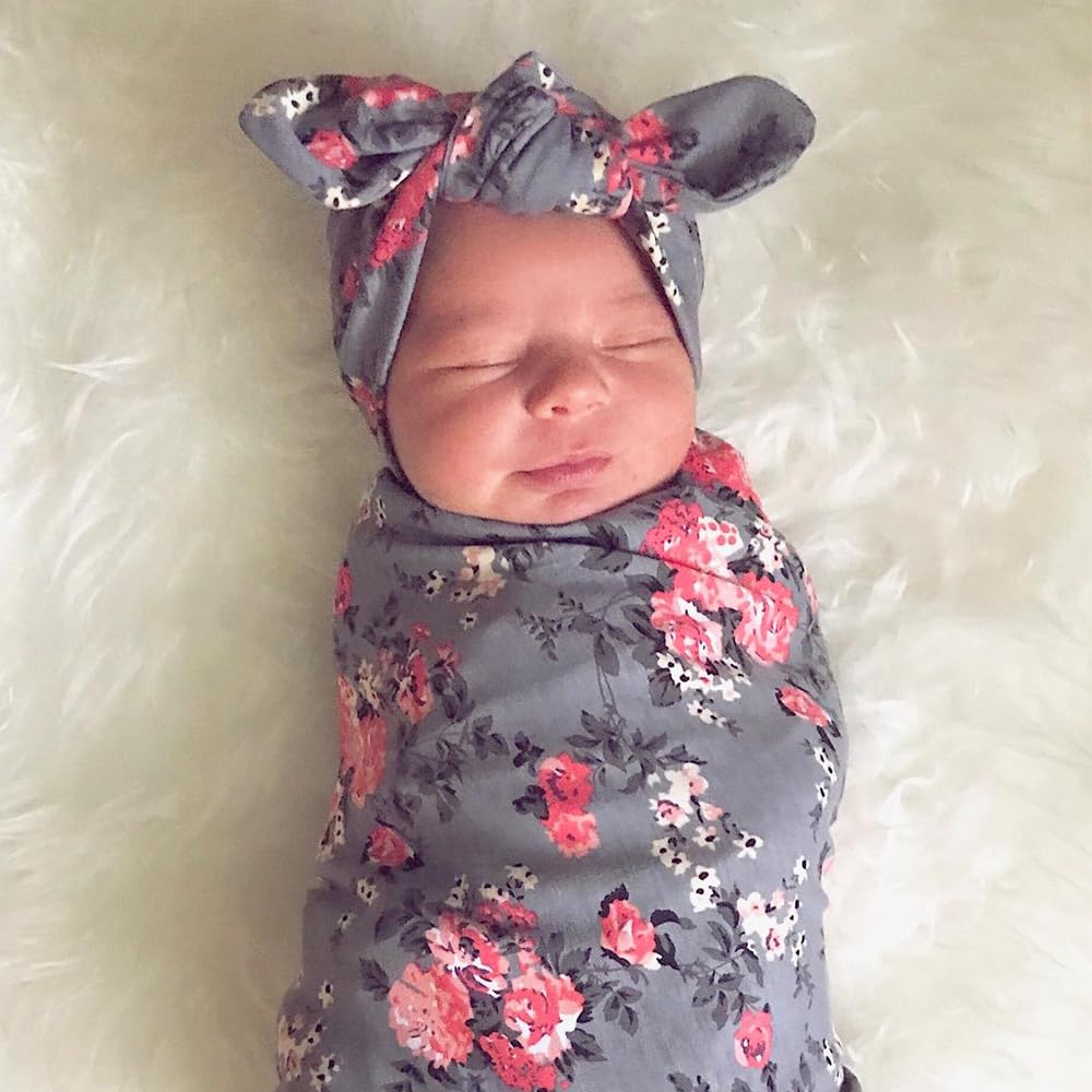 DRESHOW BQUBO 3 Sets Receiving Blanket with Headbands Newborn Baby Floral Printed Baby Shower Swaddle Gift