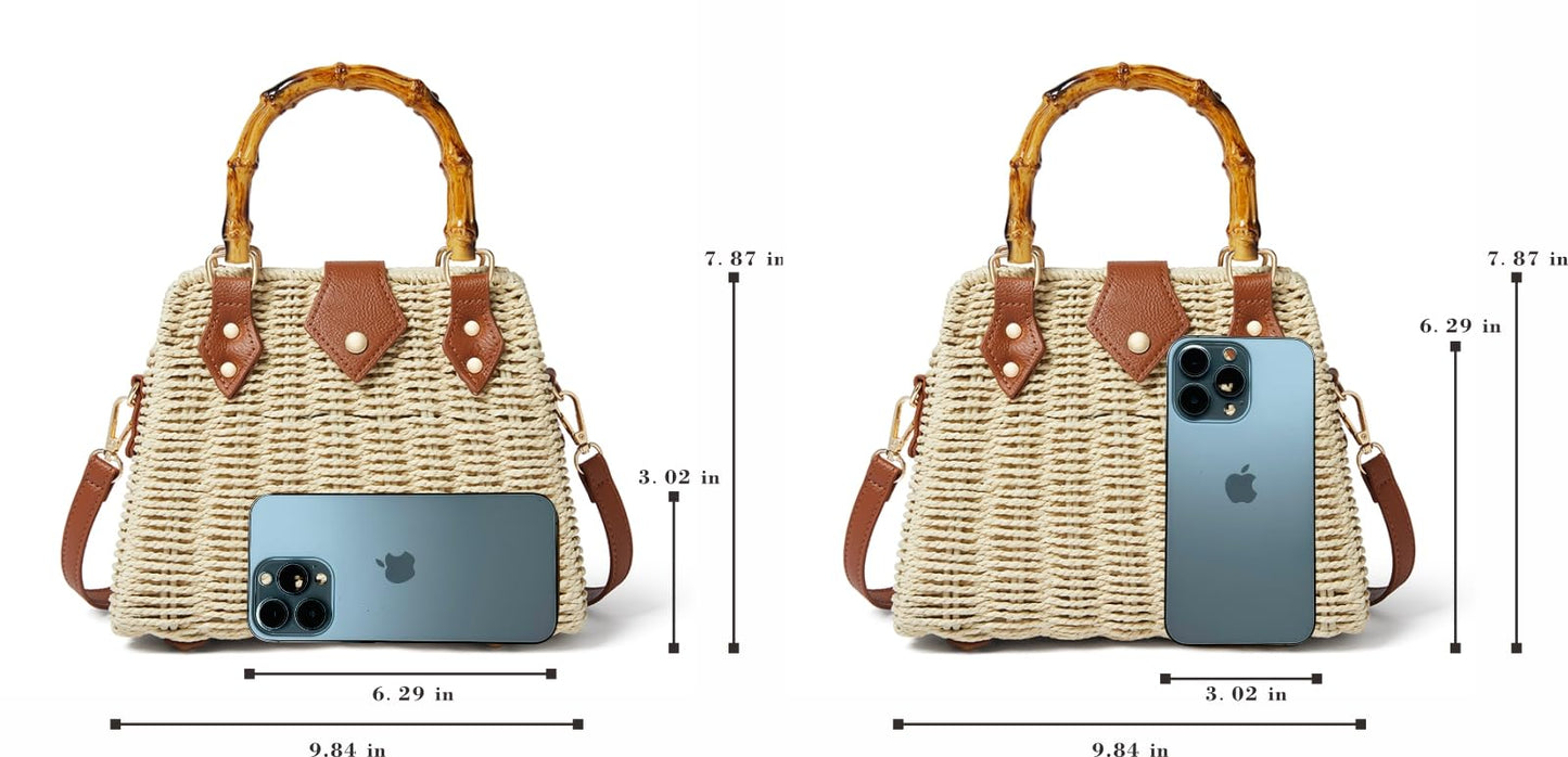 Woven Straw Handbag Beach Bag with Bamboo Handle, Brown Leather Trim, Crossbody and Adjustable Strap, Natural (beige)