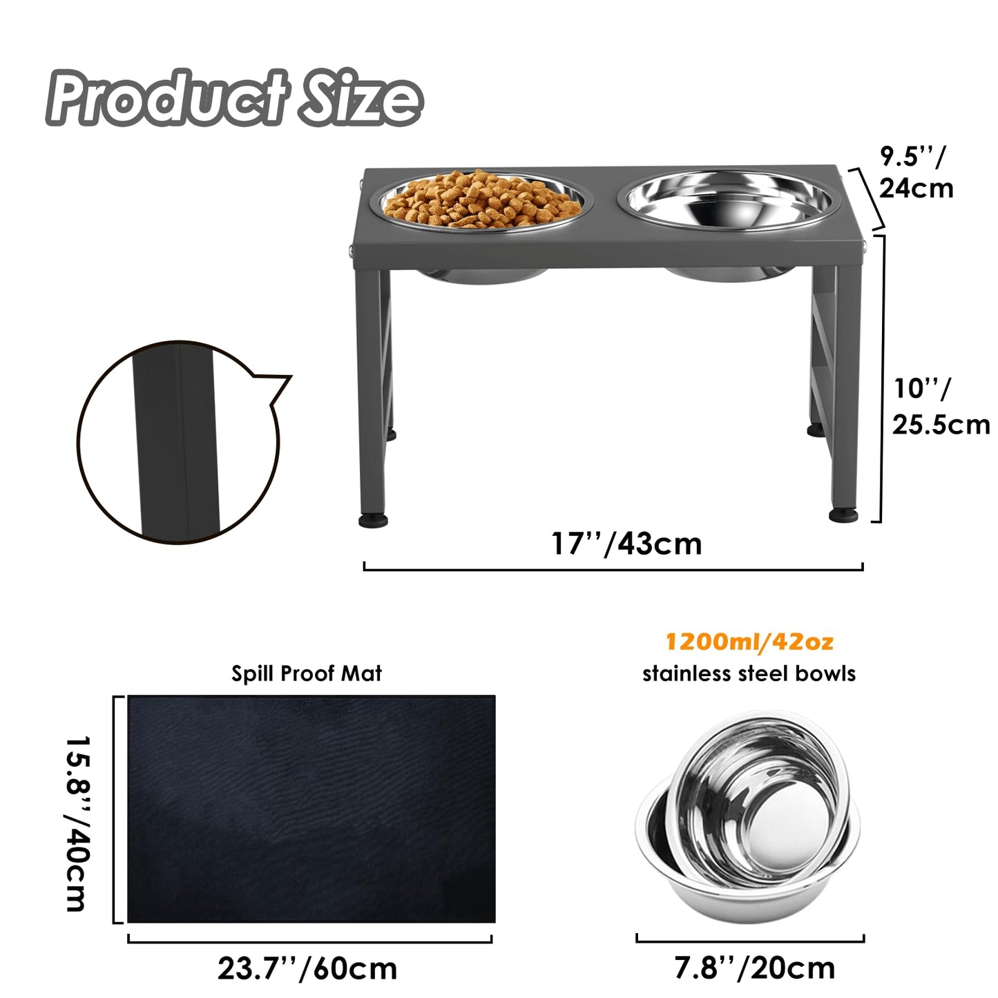 ADENGL Metal Raised Dog Bowl, 10" Tall Elevate Dog Feeder Stand with 2 Stainless Steel 42oz Bowls & 16x24 Non-Slip Mat – Stronger Dogs Food & Water Bowl Stand (Grey)