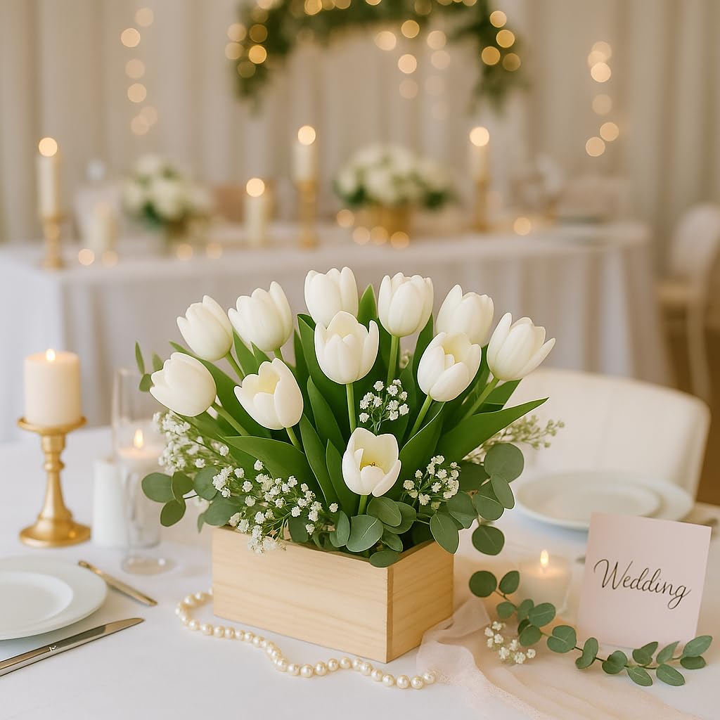 Enirunly 20pcs White Artificial Tulip Silk Fake Flowers 13.5" for Spring Easter Mother's Day Wedding Decor – Bulk Home Kitchen Office Party Supplies, Set