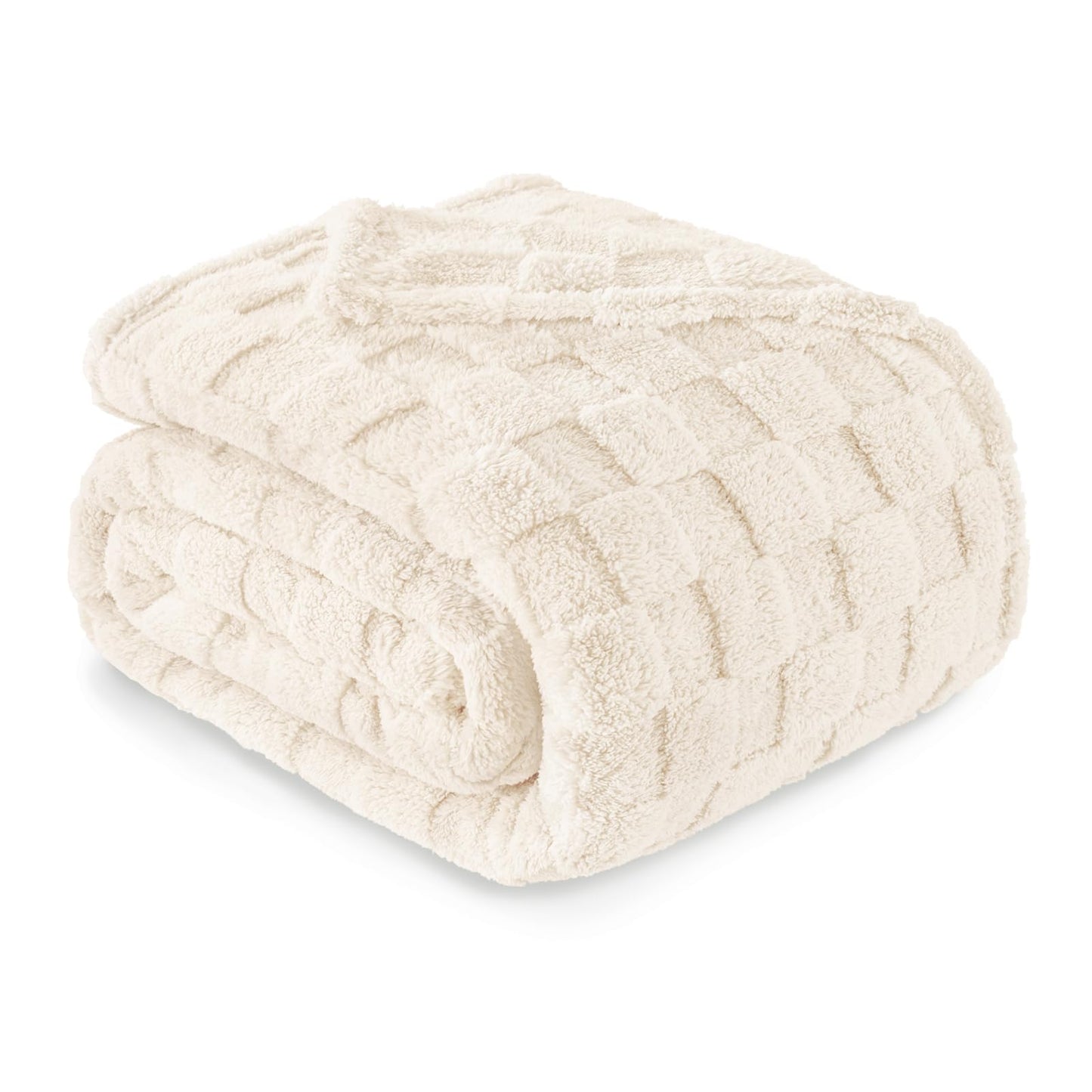 Exclusivo Mezcla Queen Size Flannel Fleece Blanket, Super Soft and Warm Lightweight Checkered Pattern Blankets for All Seasons, 90x90 Inches, Ivory