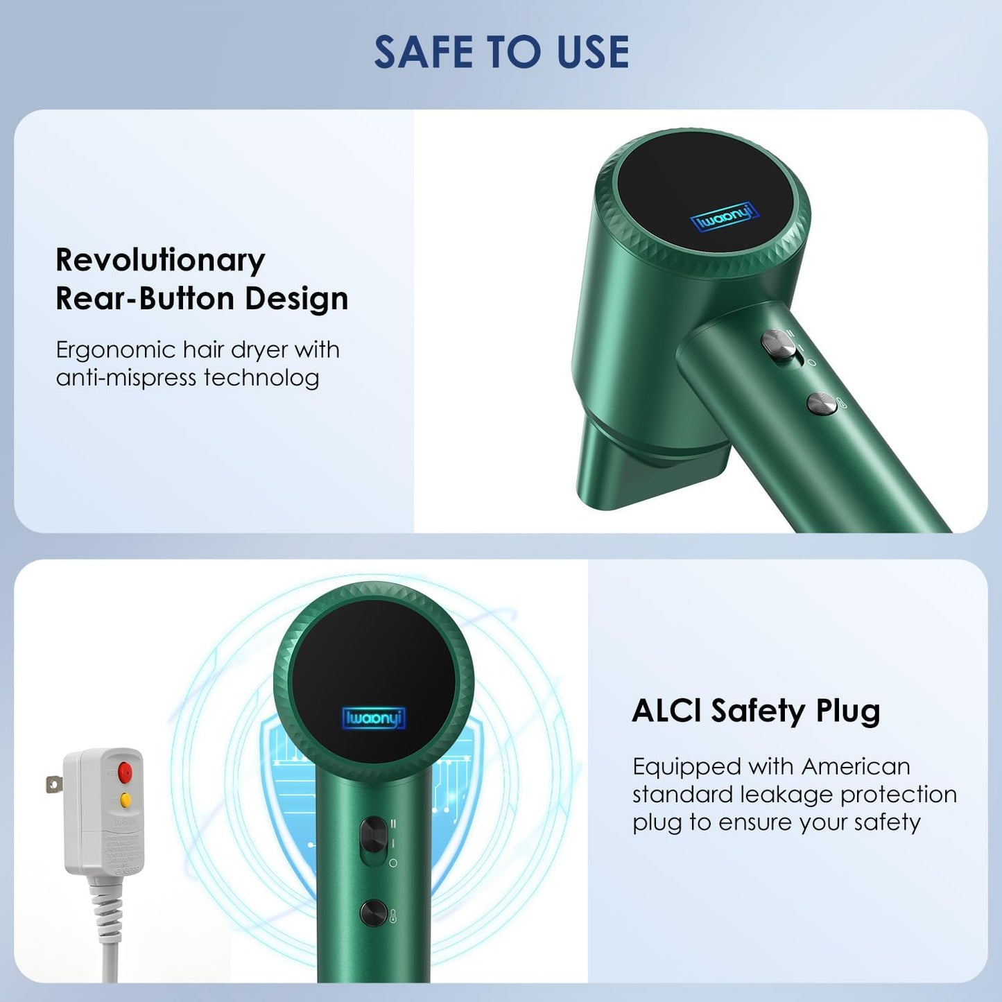 Professional Hair Dryer - 150000 RPM High-Speed, Negative Ionic for Fast Drying and Hair Care. Low Noise, 4 Temps/2 Speeds, Lightweight with Magnetic Nozzle. (Green)