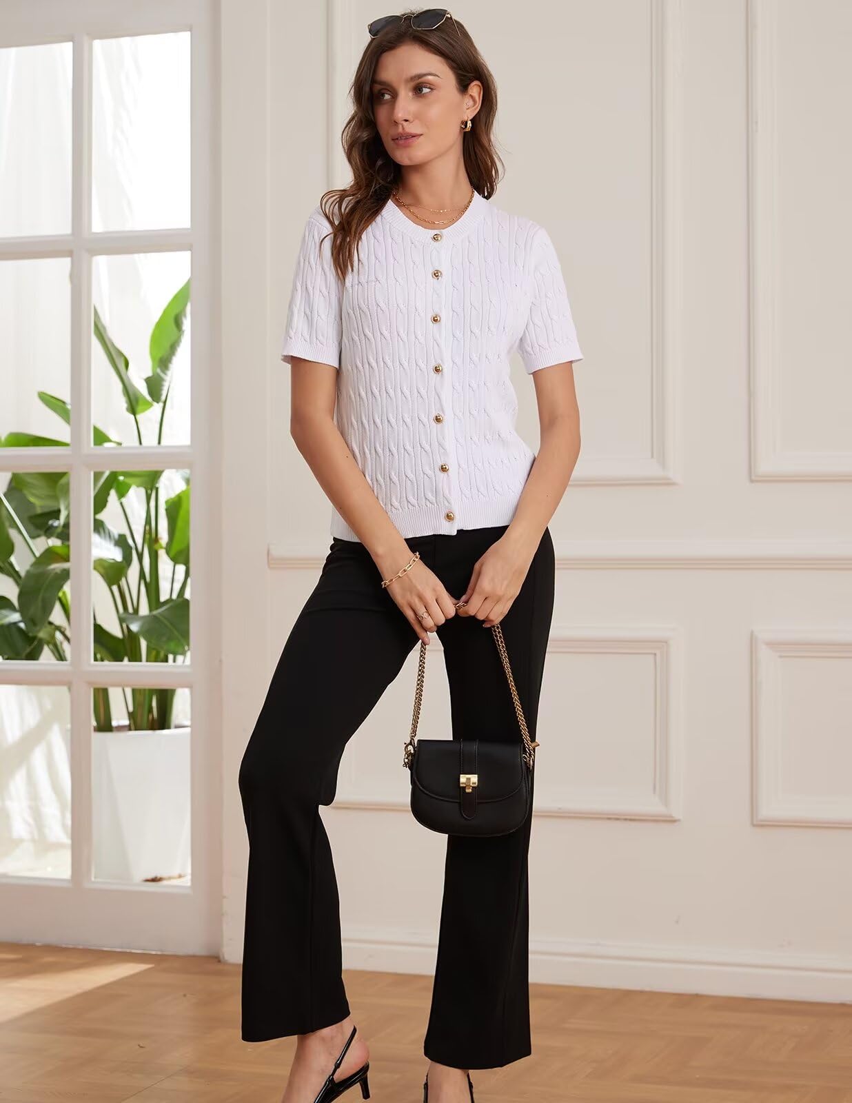 GRACE KARIN Women's Short Sleeve Sweater Cardigan Button Up White Sweater Cable Knit Soft Dressy Cardigan M