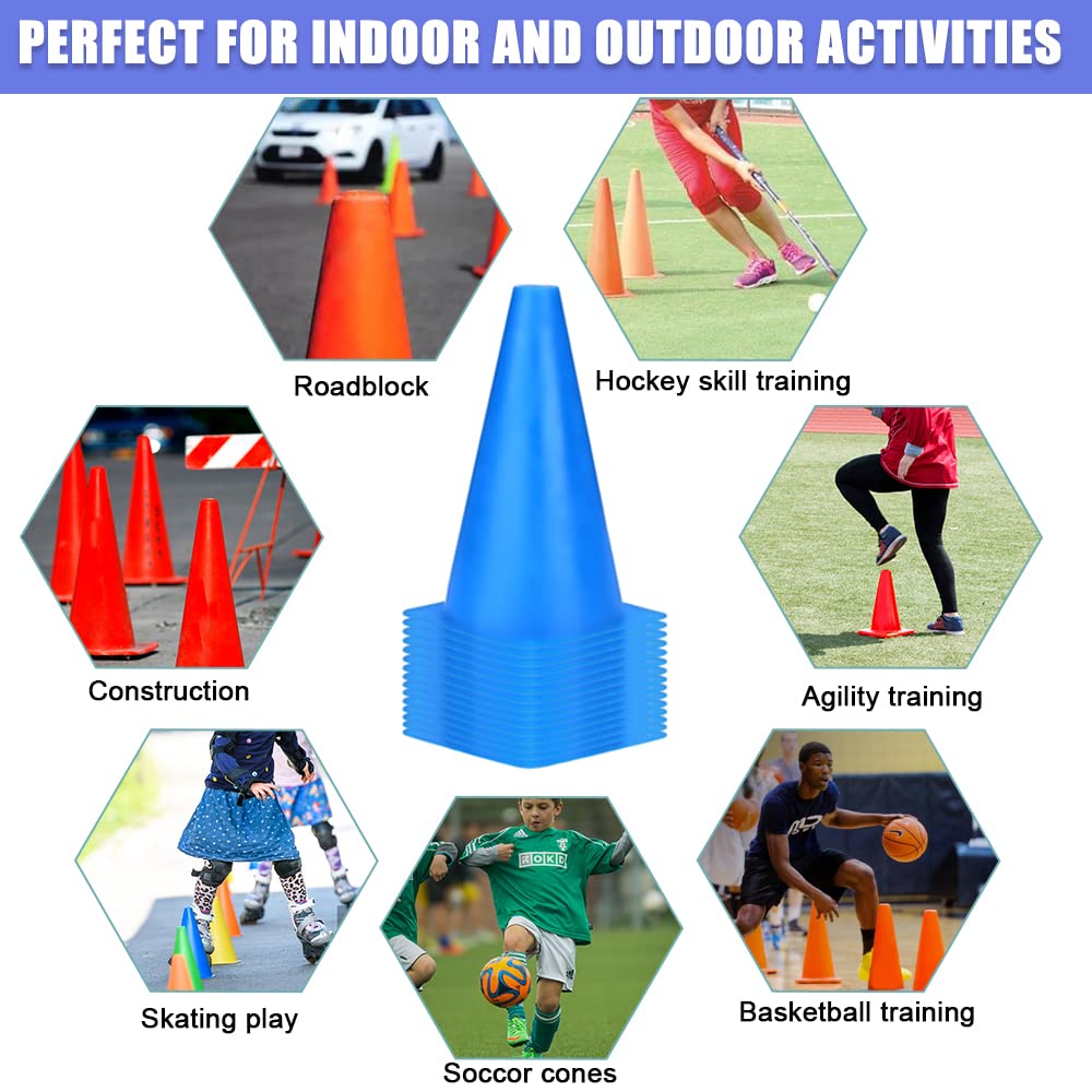 cyrico 9 Inch Cones Sports, 15 Pack Soccer Training Cones Agility Field Parking Safety Blue Plastic Traffic Cones for Football Basketball Drills, Indoor and Outdoor Games Activity