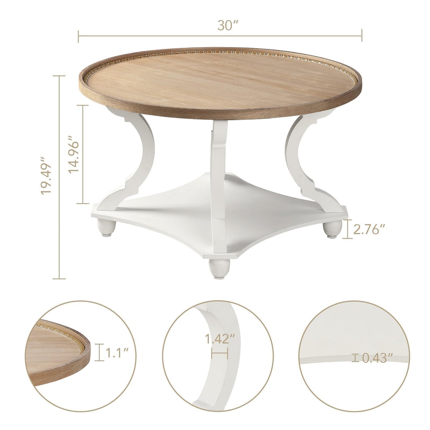 Wnutrees Farmhouse Round Coffee Table, Wood Tray Top Circle Coffee Table with Storage Shelf Rustic Style for Living Room and Vintage Finish, White