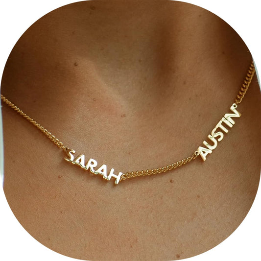 Personalized Name Necklace with Curb Chain, 18K Gold Plated Handmade Custom Family Choker Customized Child Nameplate Necklace Mother's Day Jewelry Gift for Mom, Wife (4 Names Necklace)