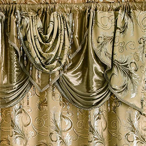 GLORY RUGS Jacquard Luxury Window 2 Panel Set Taupe Curtain with Attached Valance and Backing Bedroom Living Room Dining 2 Curtains 55x84 inches Each Jana