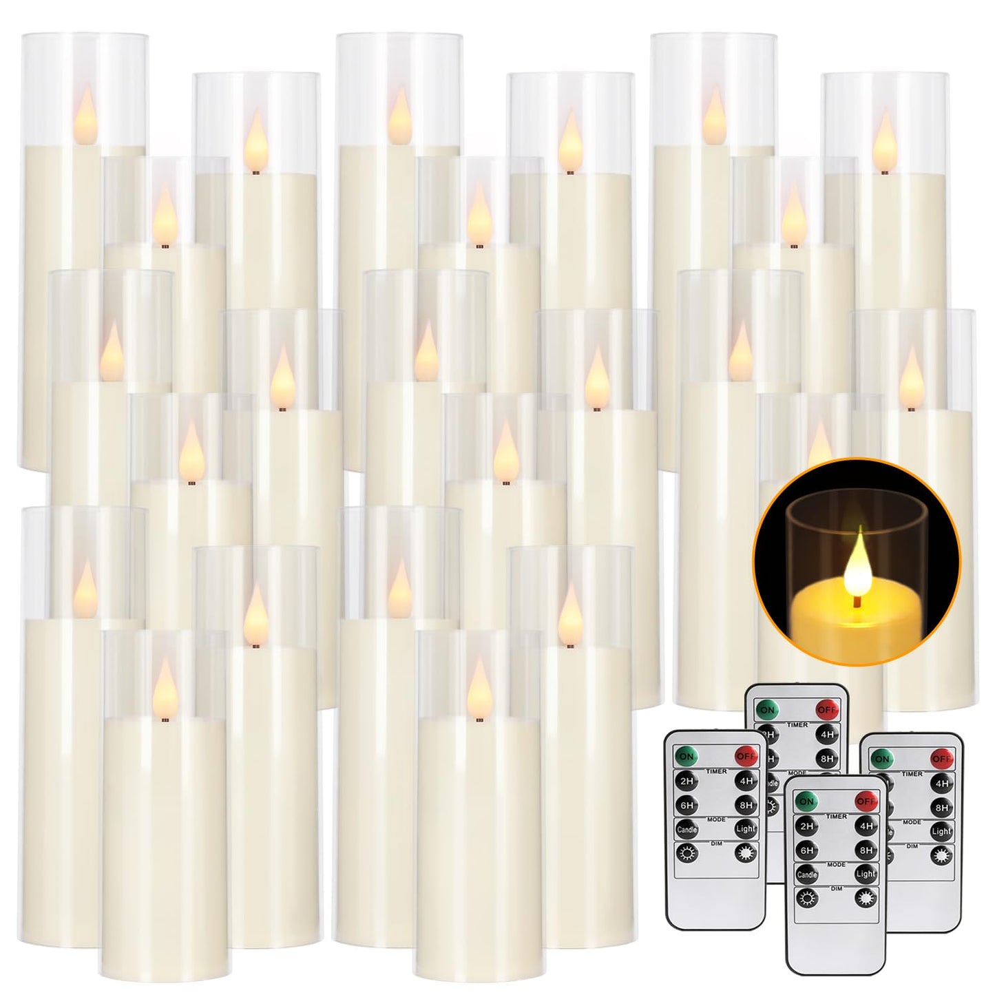 CLTNIKET 24 Pack LED Flameless Candles Set(14/16/18cm), Battery - Operated with 4 Remotes,Clear, Timer & Flickering/Steady Modes for Home décor, Wedding, Patio,Outdoor.