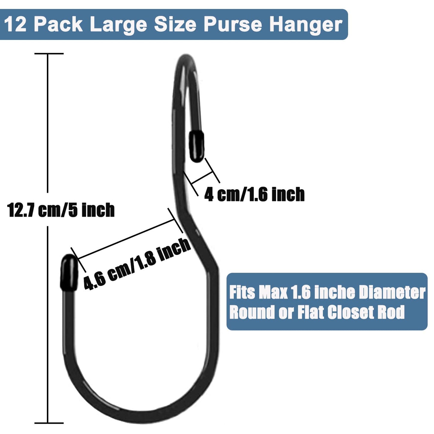 Purse Hanger for Closet, Unique Twist Design Bag Hanger Purse Hooks, 5 inch Large Size Closet Rod Hooks for Hanging Bags, Purses, Handbags, Belts, Scarves, Hats,Clothes, Pans and Pots (12 Pack Black)