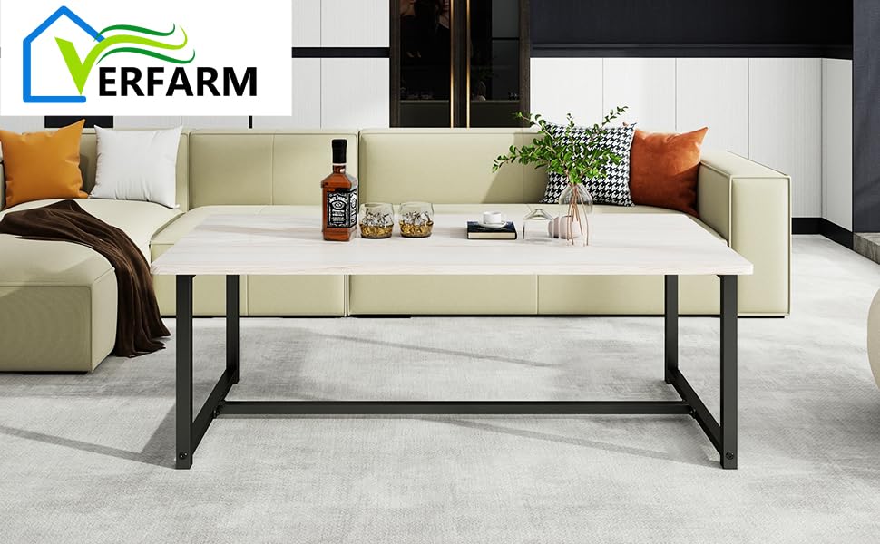 VERFARM 35.4" Rectangular Coffee Table for Living Room, Modern Industrial Style Coffee Table Center Table with Metal Frame for Small Space, Apartment, Office, Easy Assembly, Teak Oak