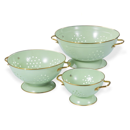 Metal Colander Set of 3, Strainer Basket with Handles perfect for Spaghetti, Pasta, Berry, Vegetable, Fruit, Solid Base Powder Coated Kitchen Essential Strainer Set, 1 & 3.5 & 5 Qt (Green)