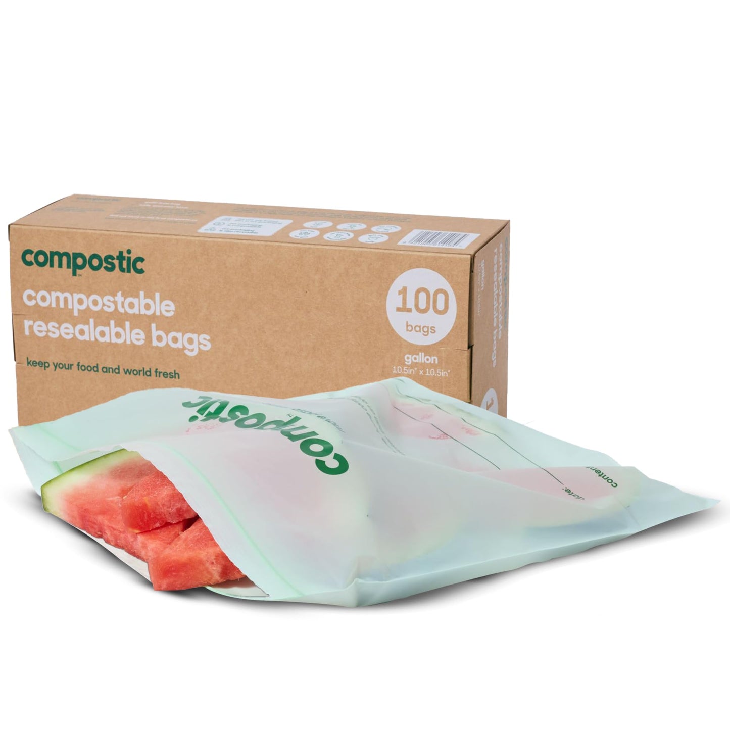 Home Compostable Resealable Gallon Bags (10.5"x10.5"), Microwave & Freezer Safe, Organic Food Storage Container, 100 Count (Pack of 1)