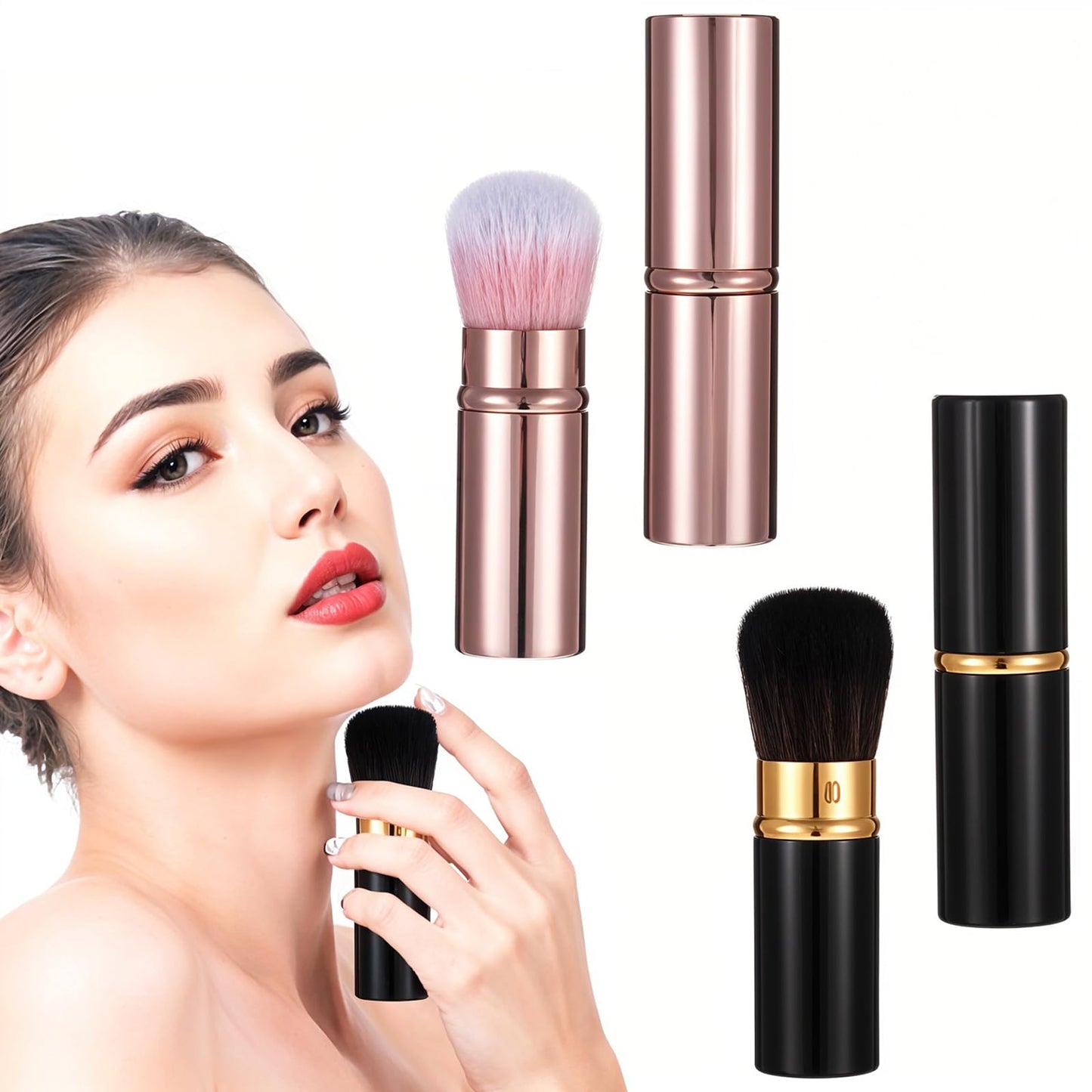 Grevosea Retractable Blusher Brush with Cover, 2 Pack Travel Makeup Brushes Kabuki Foundation Brush Extensible Face Blender Brush for Women Liquid Cream Foundation Concealer Blush Makeup Brush