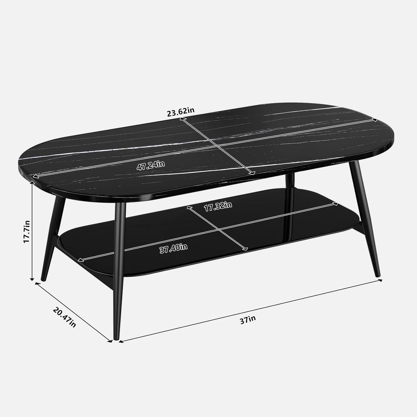 Coffee Tables for Living Room, Black Coffee Table with Glass Shelves, Spacious Oval-Shaped Mid Century Modern Coffee Table