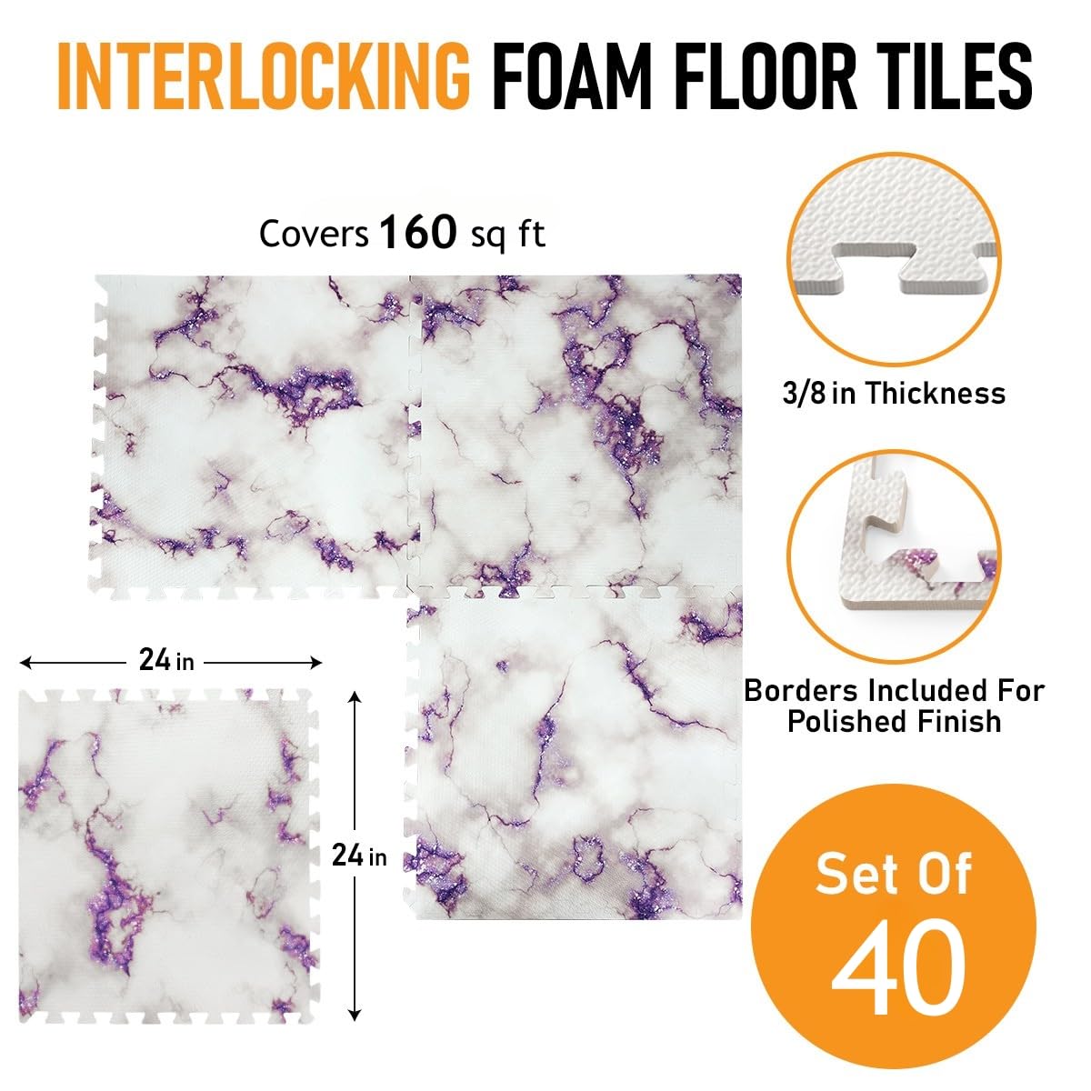 HomeCube USA 3/8 Inch Thick Interlocking Purple Marble Foam Floor Tiles for Home, Office, Workout Equipment Space Commercial Anti-Fatigue Flooring Padding 24x24 in, Purple Marble, 160 Sq Ft-40 Tiles