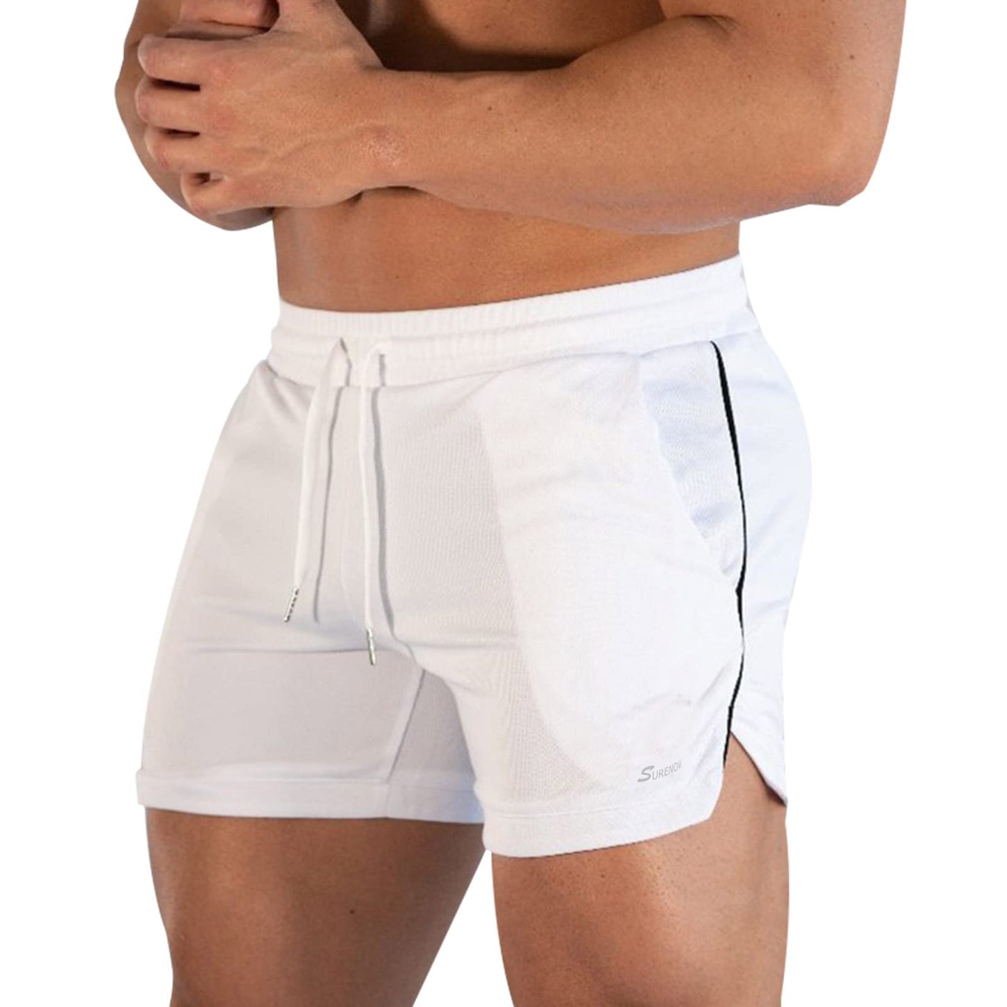 Surenow Mens Running Gym Shorts 3 Inch Breathable Lightweight Athletic Sport Shorts Training Workout Shorts with Pockets White