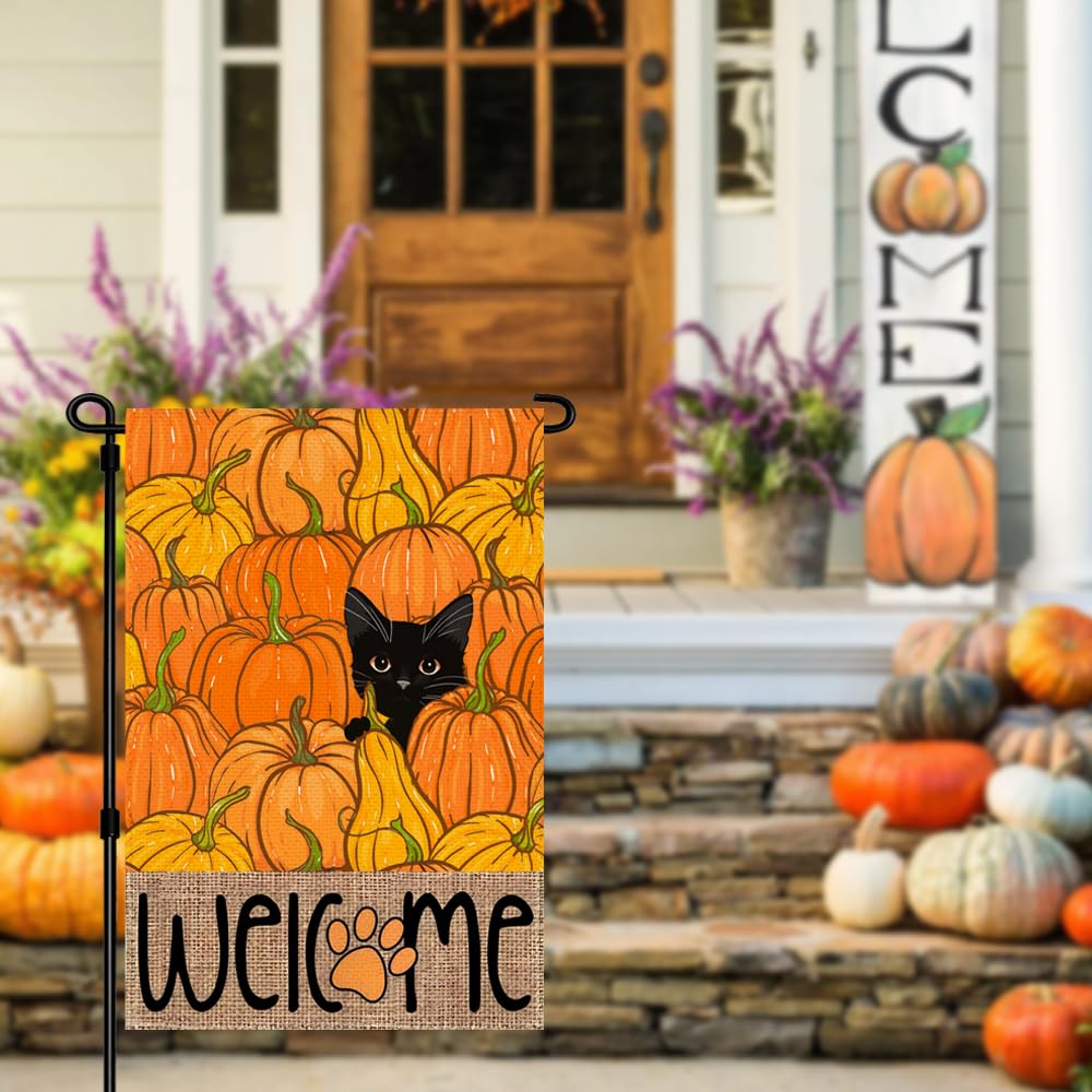 RABUSOFA Fall Garden Flag Double Sided Outside,Black Cat Pumpkins Autumn Welcome Seasonal Thanksgiving Holiday Yard Outdoor Flag