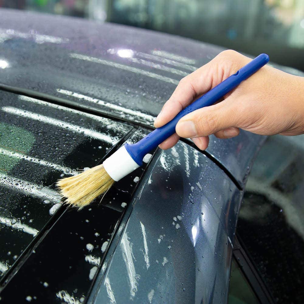 Natural Boar Hair Detailing Brush 5pcs Set, Automotive Non-Slip Detail Brushes for Cleaning Wheels, Engine, Interior, Exterior, Leather, Seat, Lug Nut, Emblems, Air Vents, Car, Motorcycle
