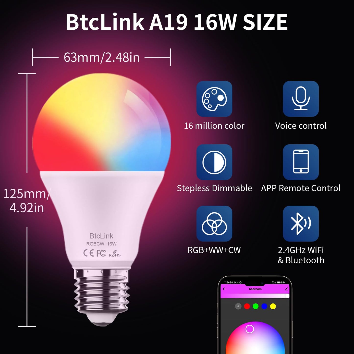 Smart LED Light Bulbs 150W Equivalent, 1600LM 16W Alexa Light Bulbs, A19 E26 Ultra Bright Color Changing Light Bulbs, 2.4 GHz WiFi Dimmable Light Bulbs Compatible with Alexa, Google 4 Packs(Upgrated)
