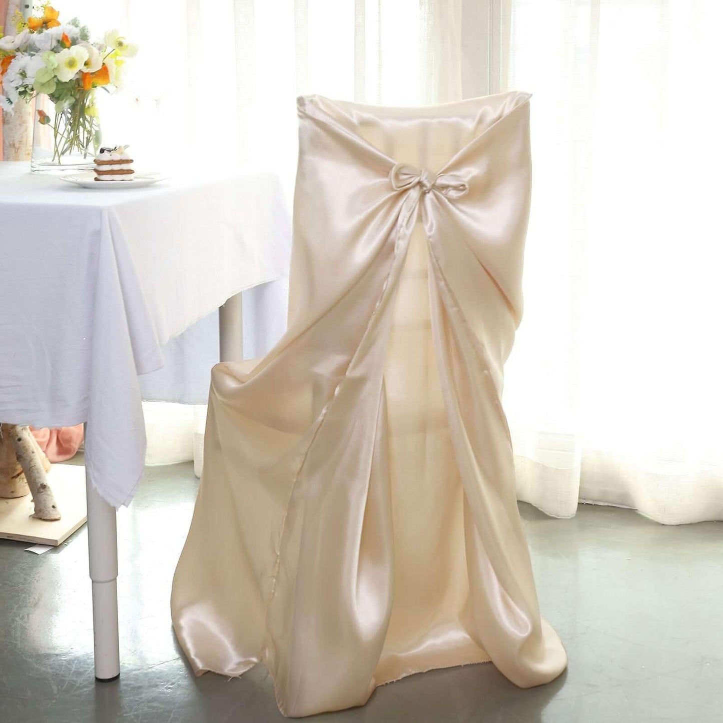 Efavormart Beige Chair Covers for Party 1 PCS Satin Self Tie Universal Banquet Wedding Folding Chair Cover for Dining Chairs Washable Slipcovers for Outdoors Events